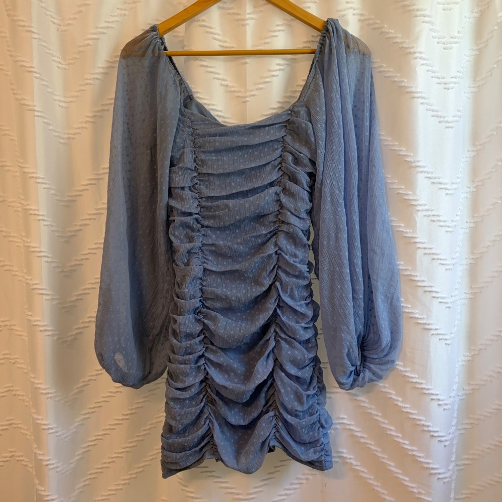 ASOS Design Blue Dobby Ruched Mini Dress Long Balloon Sleeve Square Neck US 0
